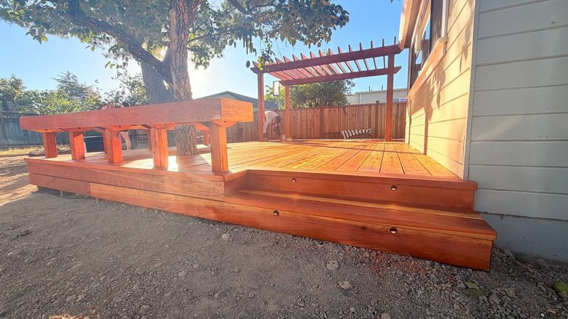Redwood deck with round lights in the step risers, San Jose