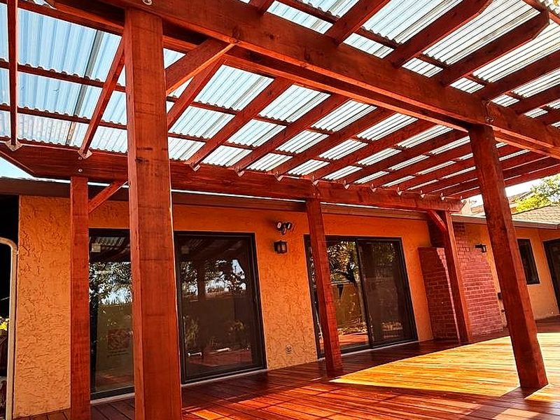 Redwood pergola roof over a deck, Cupertino, by MS Construction and Services