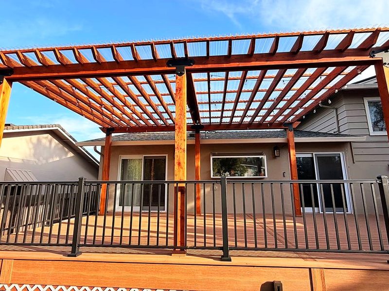 Redwood pergola with a clear Suntuf roof, San Jose (Almaden), by MS Construction and Services