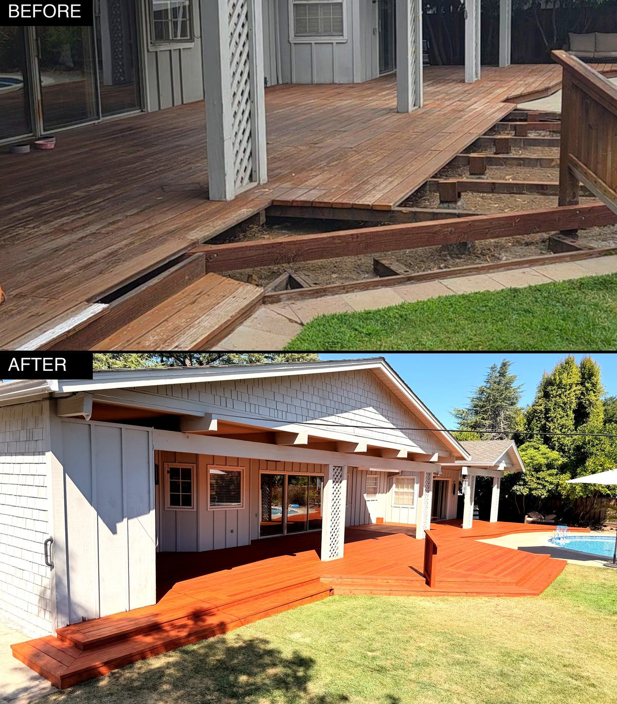 Los Altos: the original frame kept and reinforced, new redwood boards on top