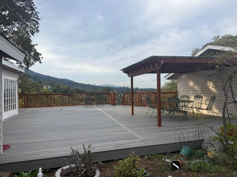 Redwood pergola over the seating area