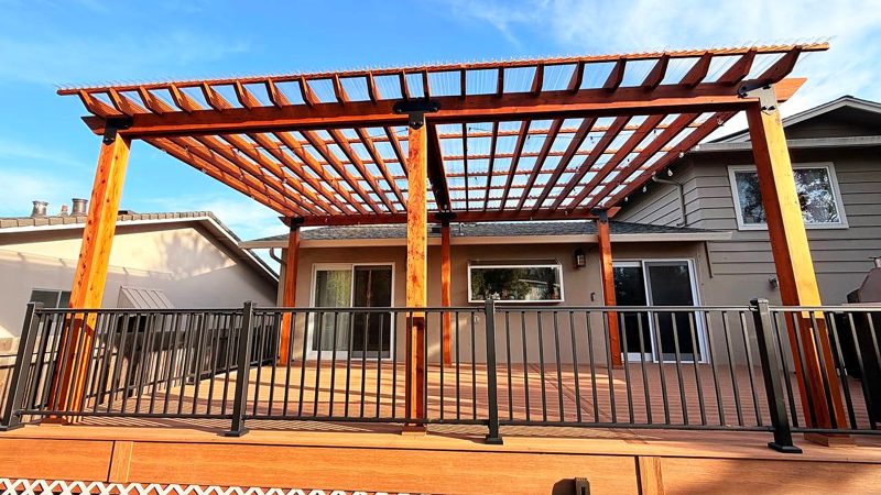 Redwood pergola over the composite deck