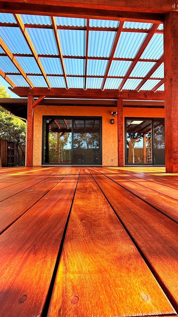 Cupertino — Cumaru hardwood deck with a redwood pergola