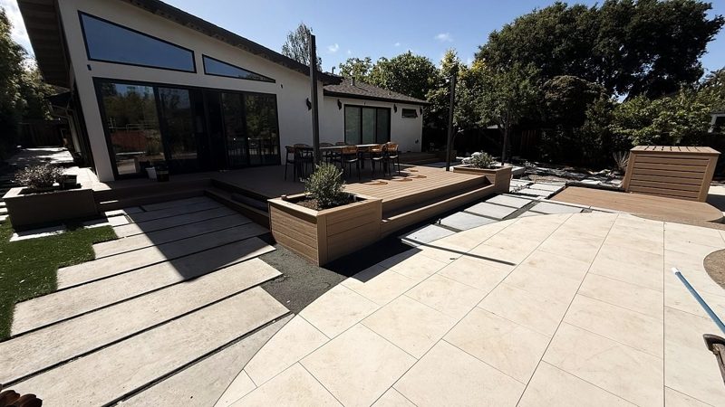 Deck, planters and pool equipment enclosure