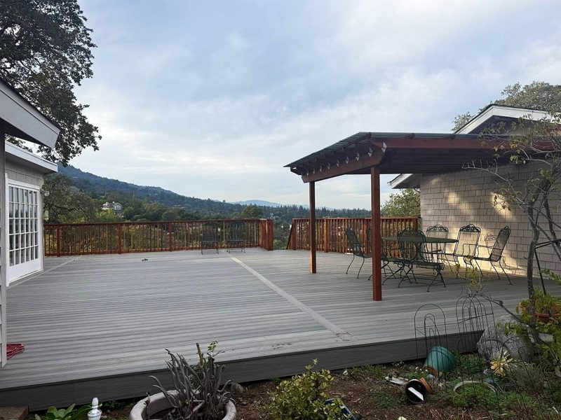 Redwood pergola over the seating area
