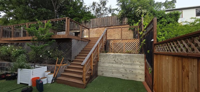 The old deck and stairs up the hillside
