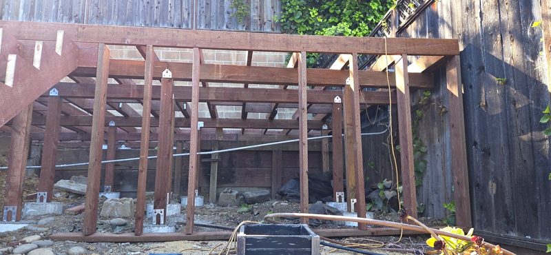 Deck framing on the hillside