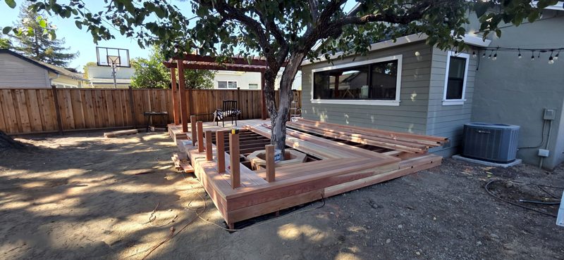Redwood decking going down